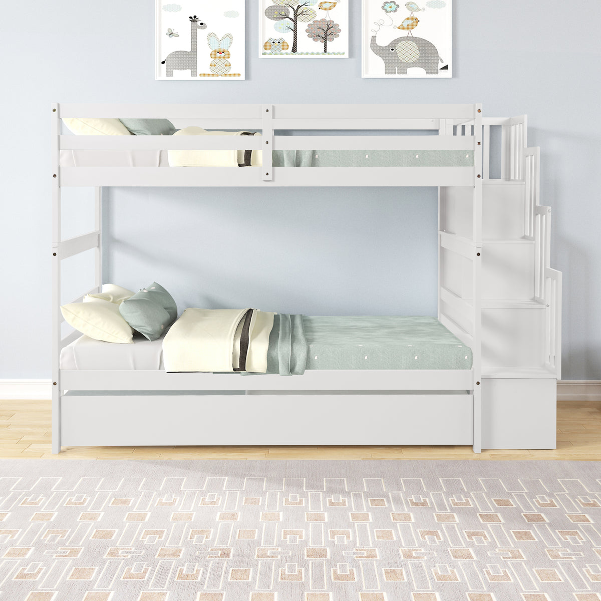 Twin Over Twin Bunk Beds With Twin Trundle And Stairway Storage Function In White Color White Pine