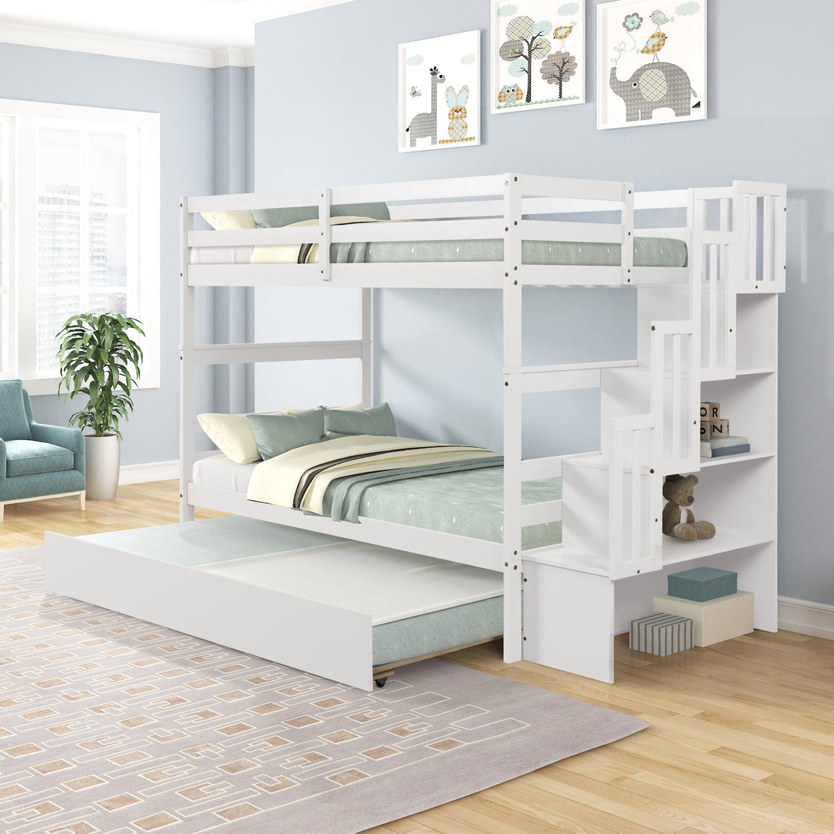 Twin Over Twin Bunk Beds With Twin Trundle And Stairway Storage Function In White Color White Pine