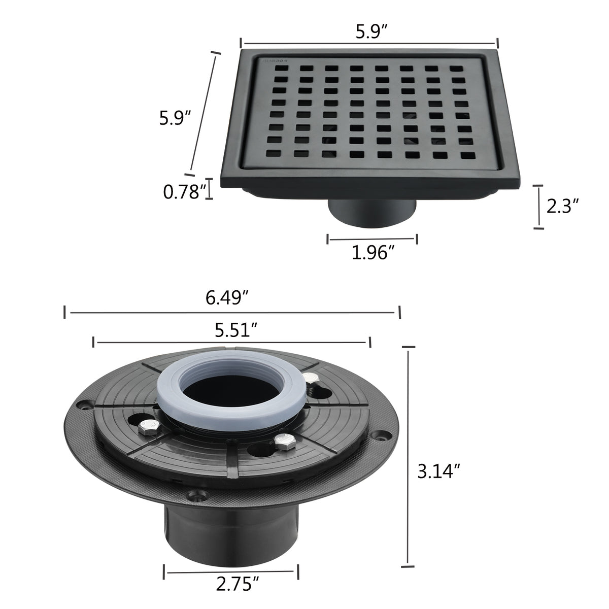 6 Inch Square Shower Floor Drain Matte Black Stainless Steel