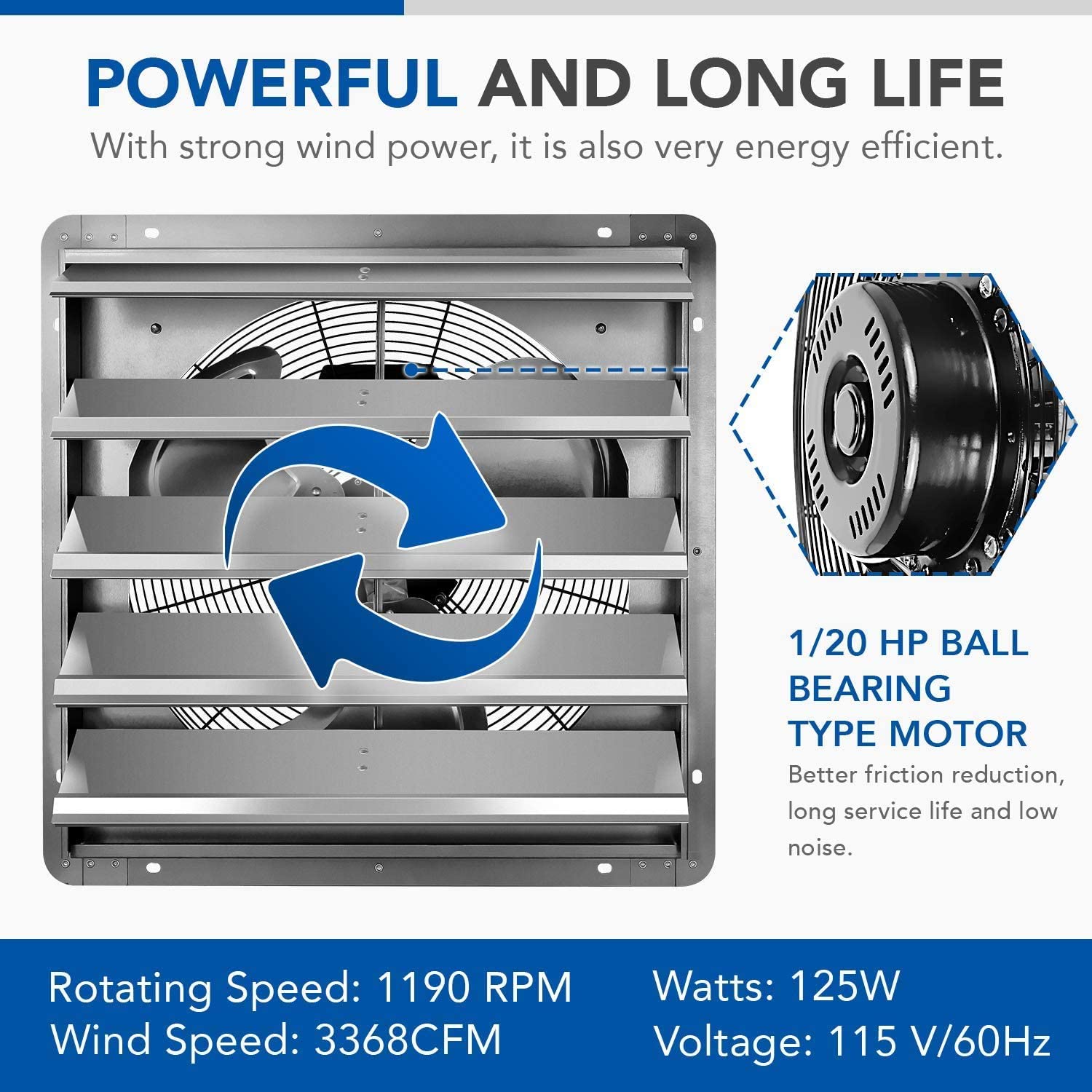 20 Inch Shutter Exhaust Fan Aluminum, High Speed 1190 Rpm, 3368 Cfm Silver Aluminium