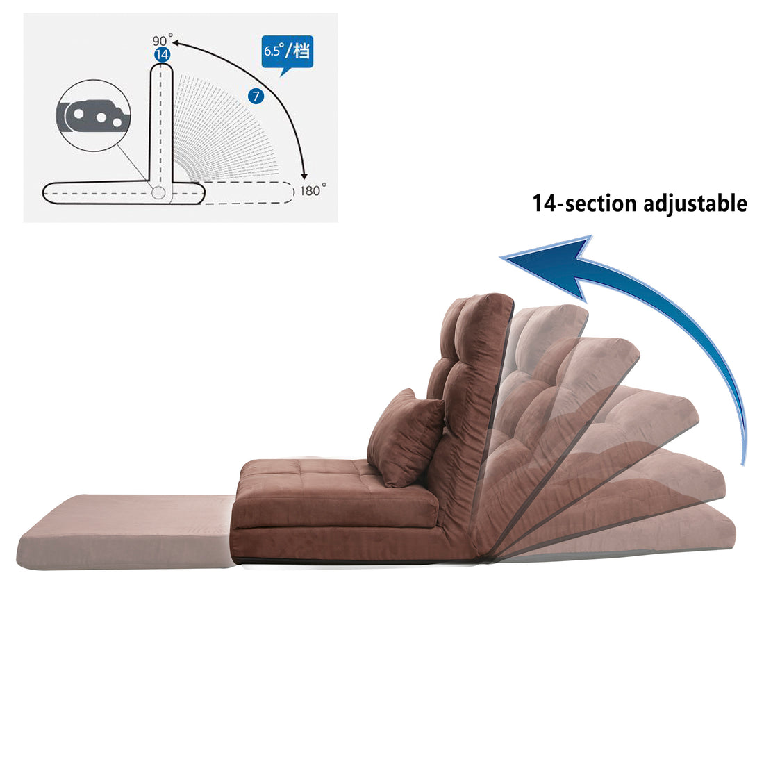 Triple Fold Down Sofa Bed, Adjustable Floor Couch Sofa With One Pillow, 5 Reclining Position, Convertible Upholstered Guest Sleeper,Adjustable Foldable Modern Leisure Sofa Bed Video Gaming Sofa Brown Linen Metal