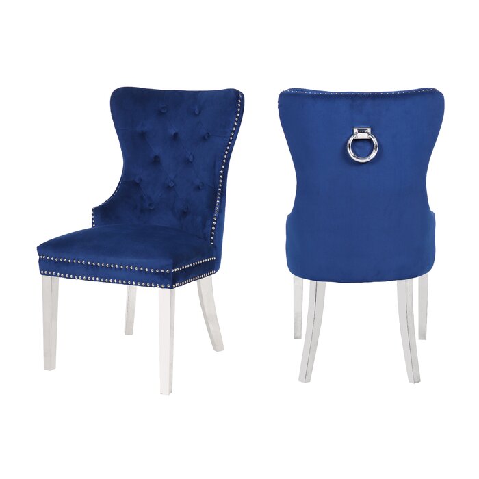 Erica 2 Piece Stainless Steel Legs Chair Finish With Velvet Fabric In Blue Acacia Wood Navy Primary Living Space Transitional Accent Chairs Tufted Back Solid Wood Mdf Stainless Steel