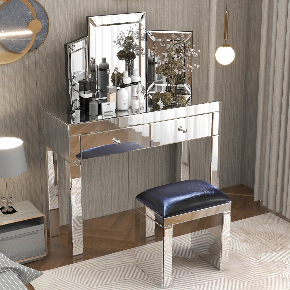 W 39.4 Inch X D 15.7 Inch X H 31.5 Inch Mirror Desktop Dressing Table, 2 Drawer Dressing Table, Suitable For Female And Girl Home Offices Silver Soft Close Drawers Computer Desk Bedroom Modern Freestanding Rectangular Drawers Desk Glossy Mdf Glass