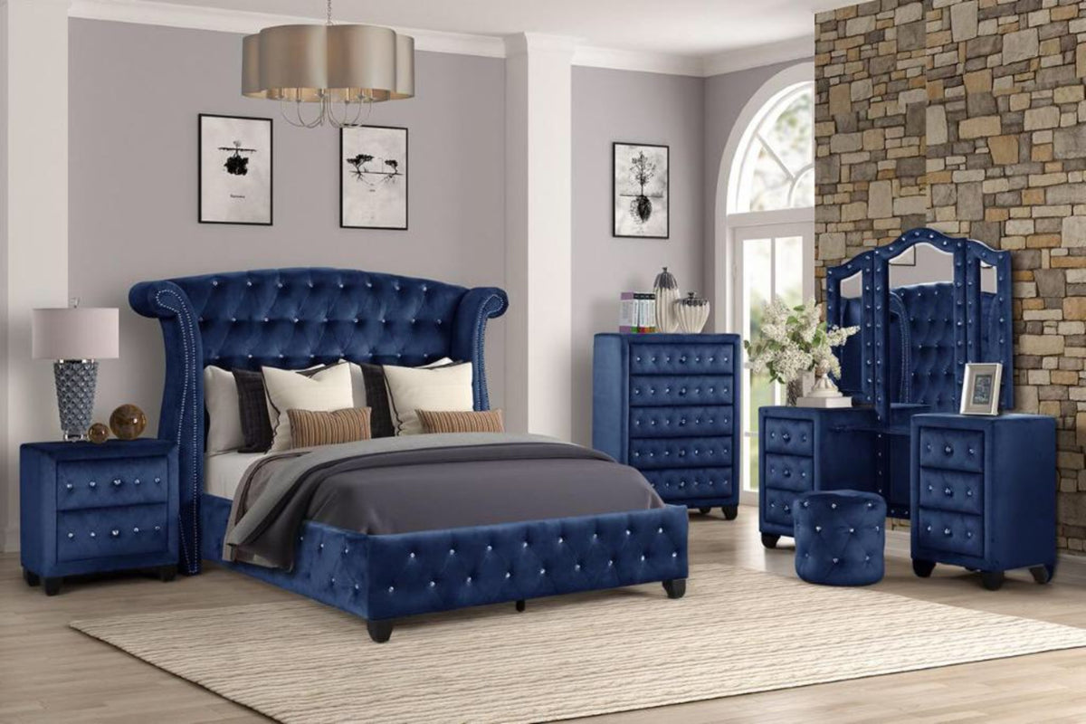Sophia Modern Style Crystal Tufted Upholstery 5 Drawer Chest Finished With Velvet Fabric Made With Wood In Blue Blue Bedroom Contemporary,Modern Wood