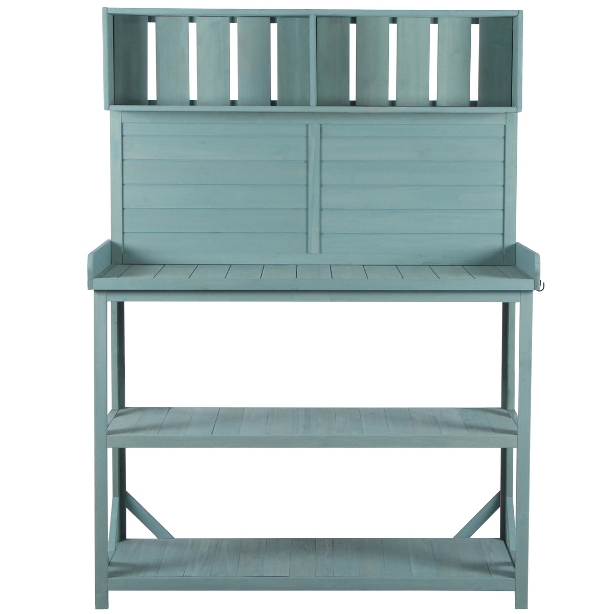 65" Large Wooden Farmhouse Rustic Outdoor Potting Bench Table, Patio Workstation, Garden Potting Bench With 4 Storage Shelves And Side Hook,Green Green Garden & Outdoor Casual Wood Solid Wood