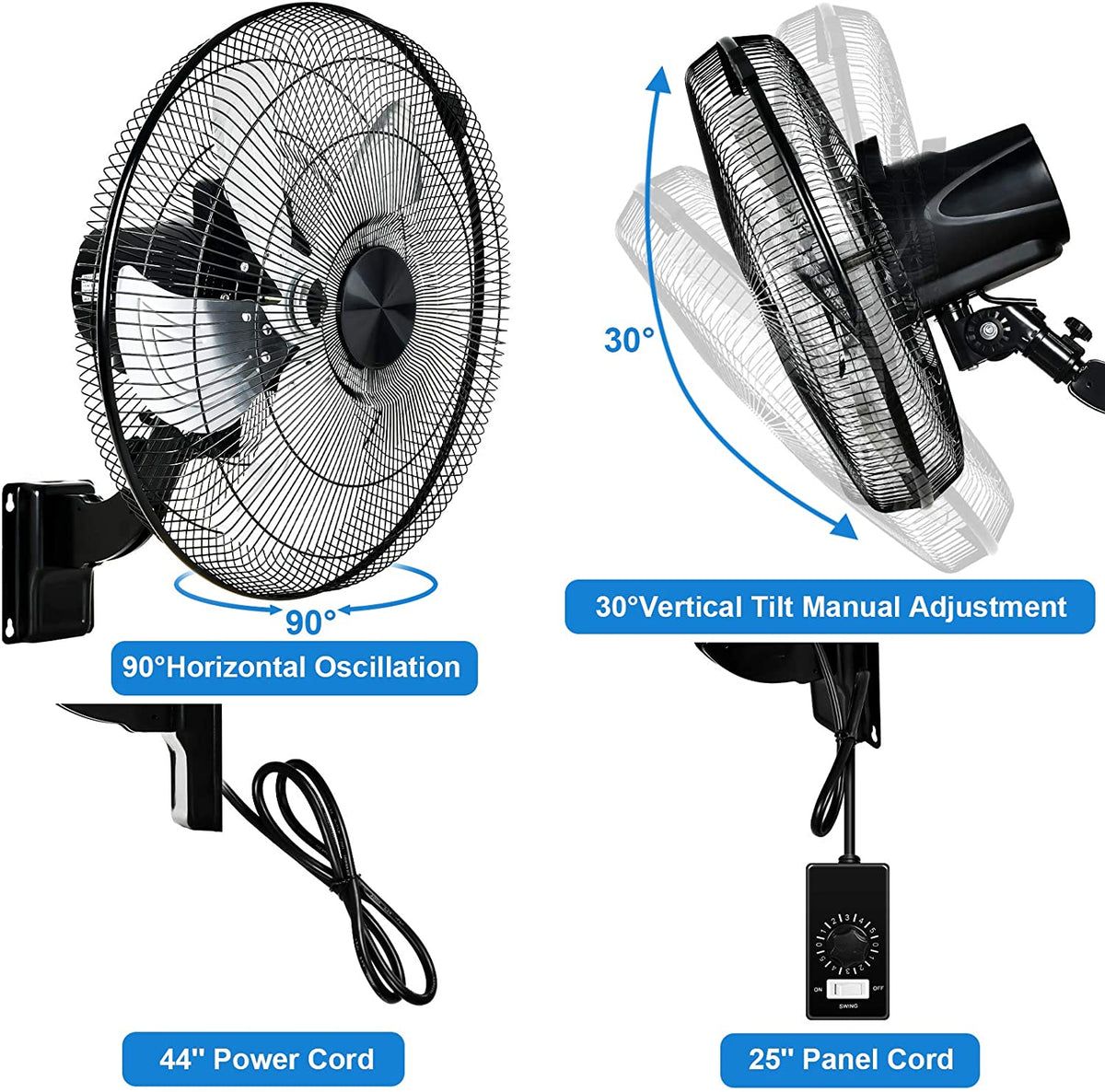 2Pack Healsmart 18 Inch Household Commercial Wall Mount Fan, 90 Degree Horizontal Oscillation, 5 Speed Settings, Black Black Metal