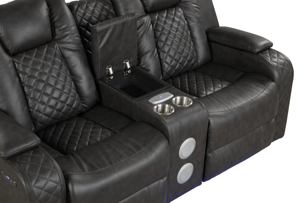 Benz Led & Power Recliner 2 Pc Made With Faux Leather In Gray Grey Faux Leather Metal Primary Living Space Medium Soft Cushion Back Contemporary,Modern Rolled Arms Solid Wood Mdf Faux Leather 5 Seat