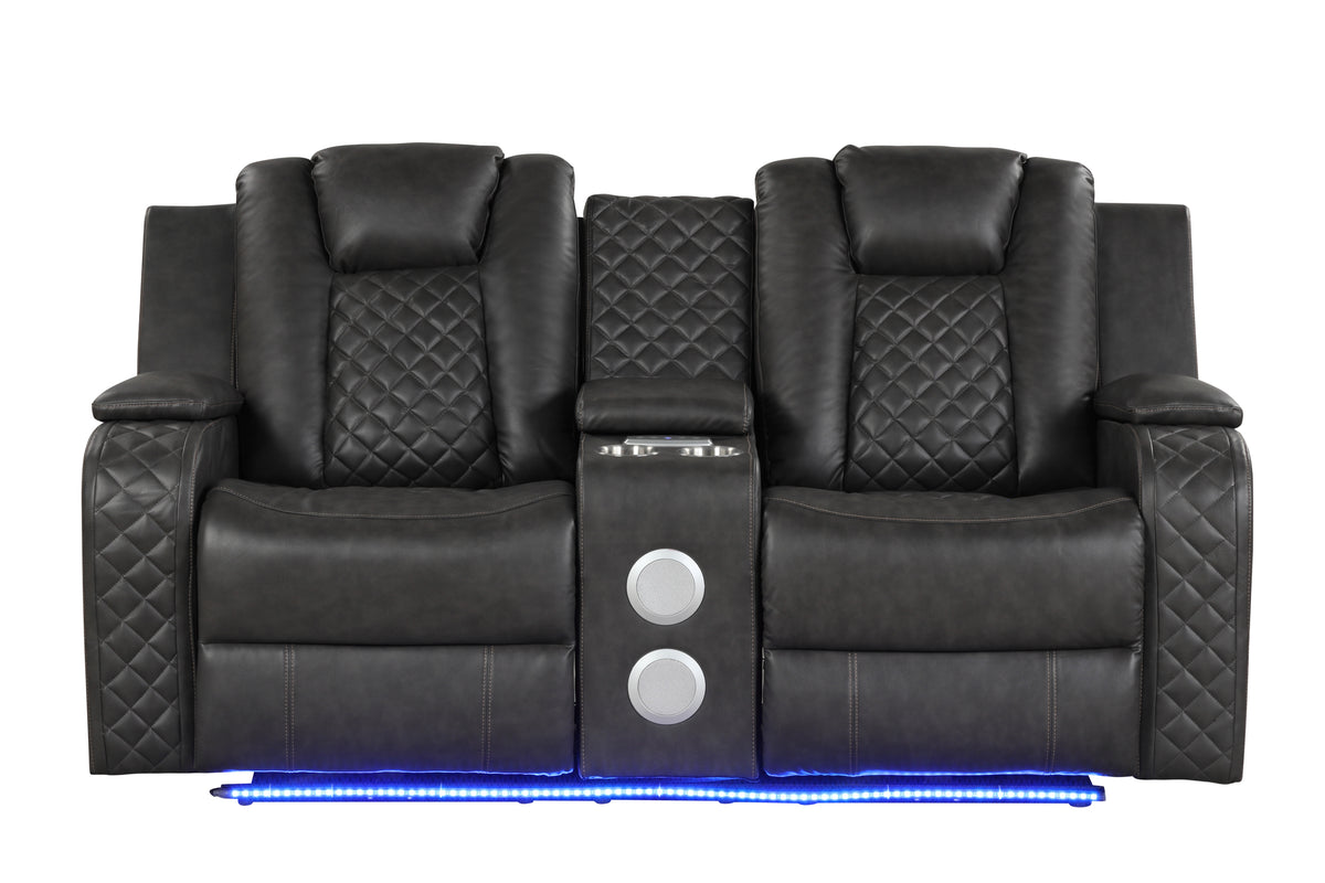 Benz Led & Power Recliner 2 Pc Made With Faux Leather In Gray Grey Faux Leather Metal Primary Living Space Medium Soft Cushion Back Contemporary,Modern Rolled Arms Solid Wood Mdf Faux Leather 5 Seat
