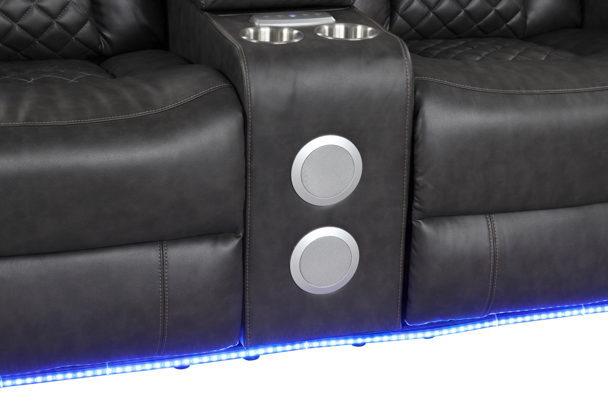 Benz Led & Power Recliner 2 Pc Made With Faux Leather In Gray Grey Faux Leather Metal Primary Living Space Medium Soft Cushion Back Contemporary,Modern Rolled Arms Solid Wood Mdf Faux Leather 5 Seat