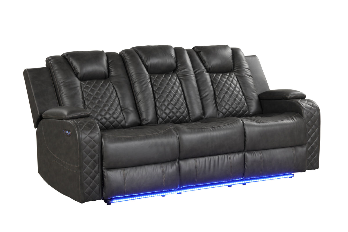 Benz Led & Power Recliner 2 Pc Made With Faux Leather In Gray Grey Faux Leather Metal Primary Living Space Medium Soft Cushion Back Contemporary,Modern Rolled Arms Solid Wood Mdf Faux Leather 5 Seat