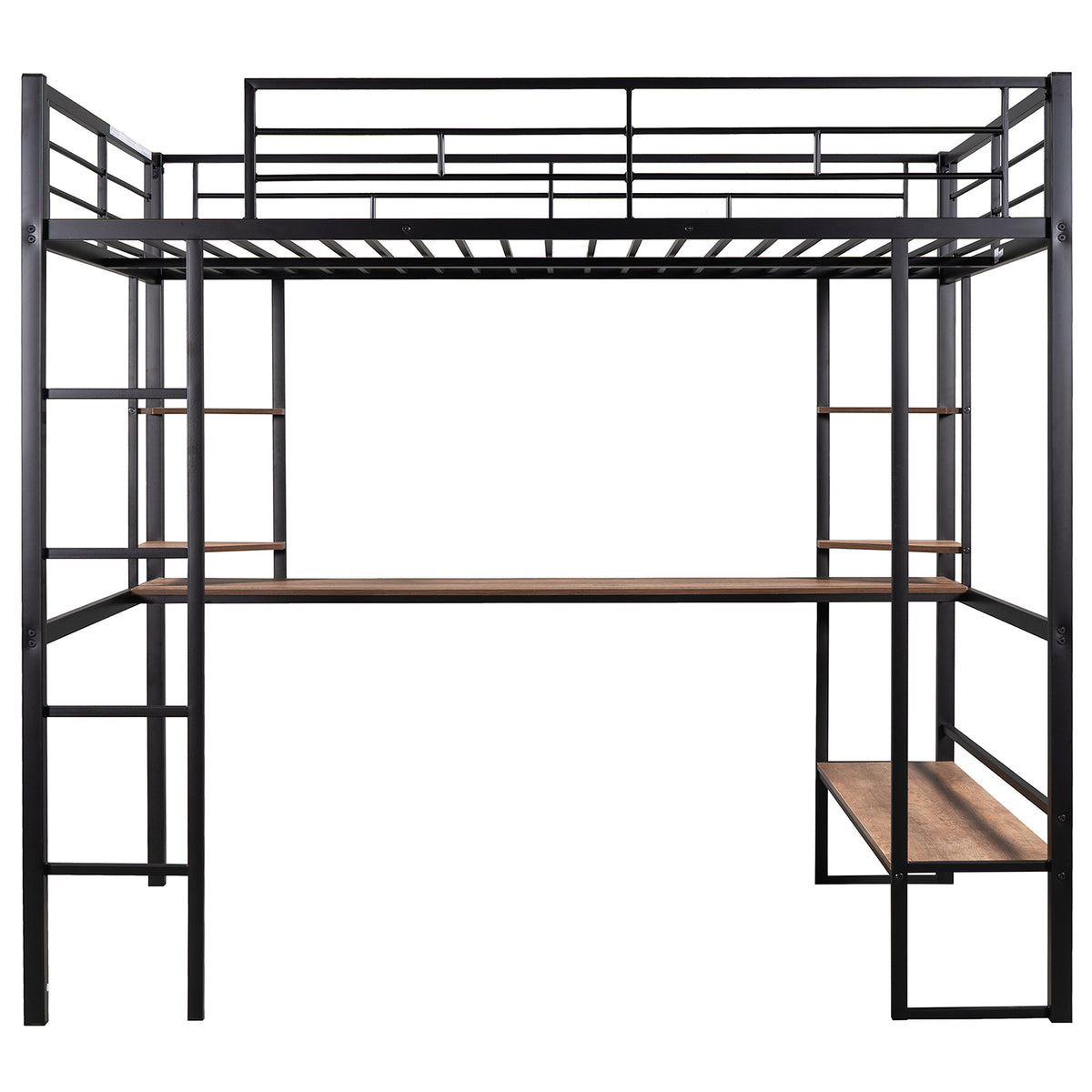 Full Size Loft Metal&Mdf Bed With Long Desk And Shelves,Black Black Metal