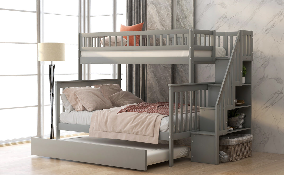 Twin Over Full Bunk Bed With Trundle And Staircase,Gray Twin Gray Pine
