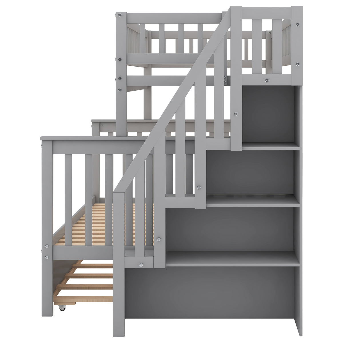 Twin Over Full Bunk Bed With Trundle And Staircase,Gray Twin Gray Pine