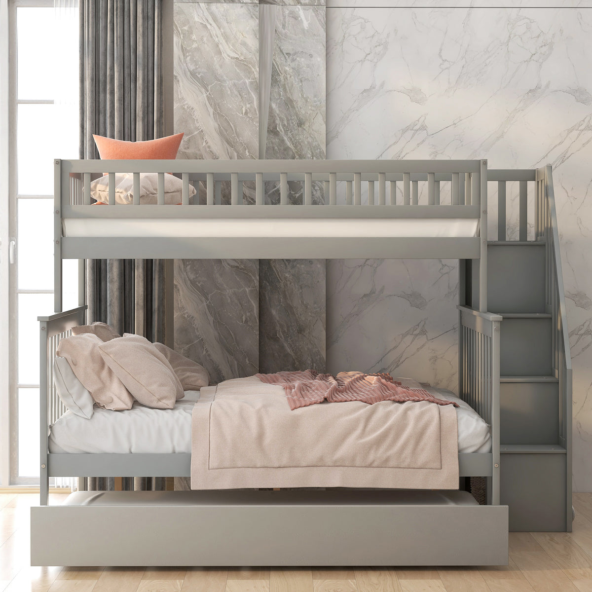 Twin Over Full Bunk Bed With Trundle And Staircase,Gray Twin Gray Pine