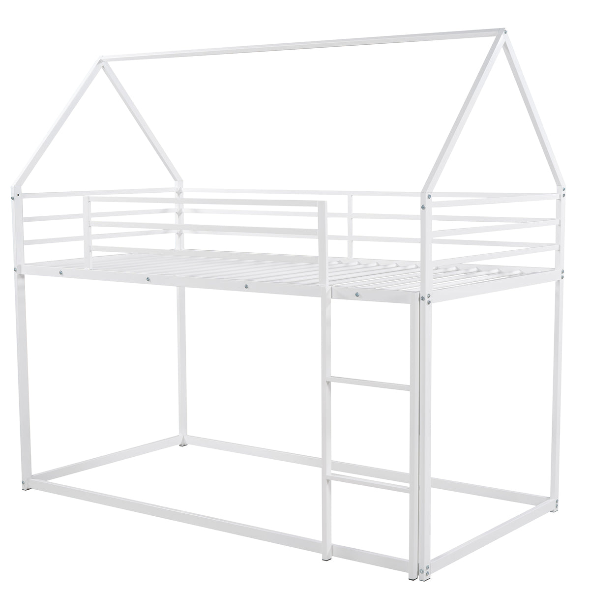 Twin Over Twin House Bunk Bed With Built In Ladder,White White Metal