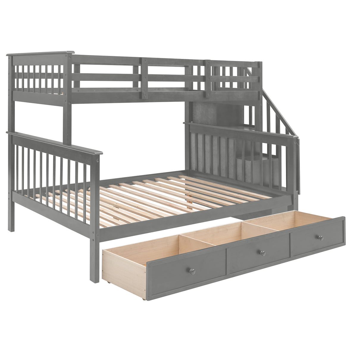 Stairway Twin Over Full Bunk Bed With Drawer, Storage And Guard Rail For Bedroom, Dorm, For Adults, Gray Color Old Sku: Lp000219Aae Gray Solid Wood