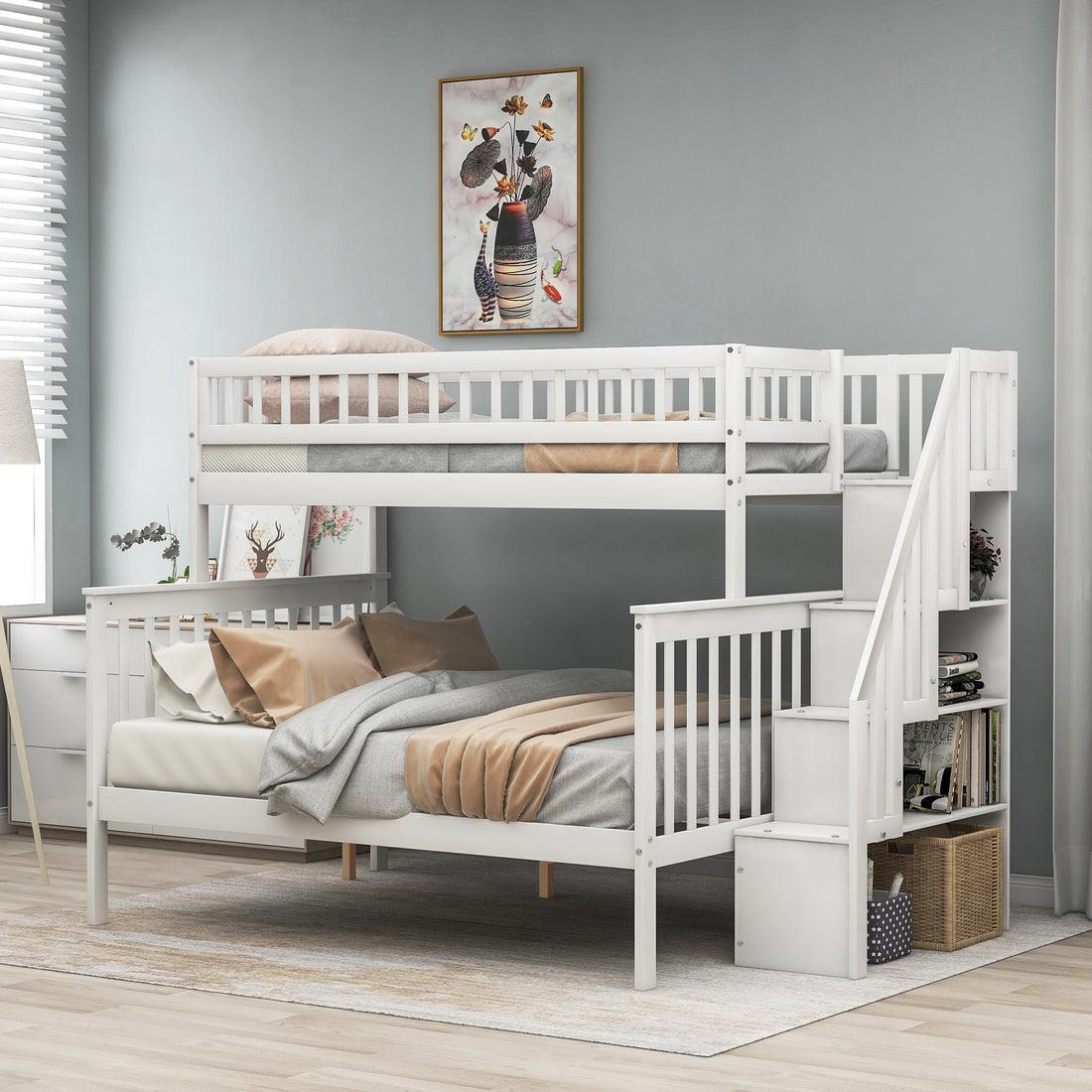 Twin Over Full Stairway Bunk Bed With Storage, White Twin White Pine
