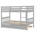Twin Over Twin Rubber Wood Bunk Bed With Trundle, Convertible Into 2 Twin Size Beds, Twin Size Bunk Bed With Ladder And Safety Guardrails,Grey Twin Grey Rubber Wood