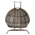 Brown Wicker Hanging Double Seat Swing Chair With Stand W Beige Cushion Beige Brown Rattan