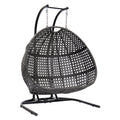 Charcoal Wicker Hanging Double Seat Swing Chair With Stand W Dust Blue Cushion Black Rattan