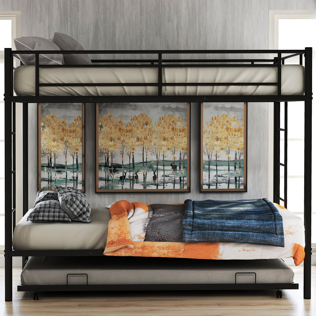 Twin Over Twin Bunk Bed With Trundle, Black Old Sku:Mf192387Aab Black Metal