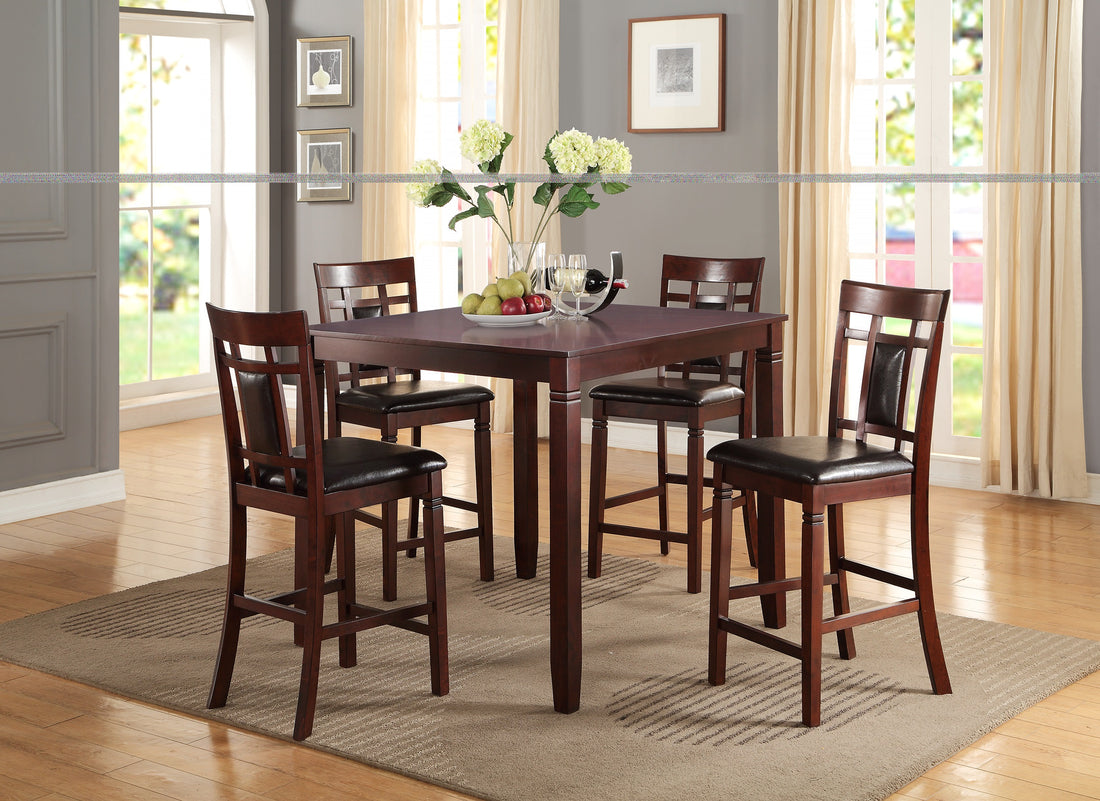 Modern Contemporary 5Pc Counter Height Dining Set Cherry Brown Finish Unique Eyelet Back 4X Chairs Brown Wood Dining Room Rubberwood Square Dining Table With Chair Wood Wood Brown Seats 4 42 Inches Contemporary,Modern 4 Leg Rubber Wood