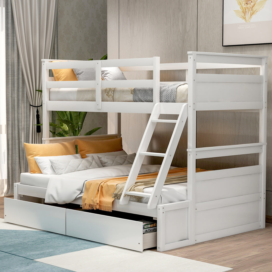 Twin Over Full Bunk Bed With Storage White Old Sku :Lp000022Aak Twin White Solid Wood