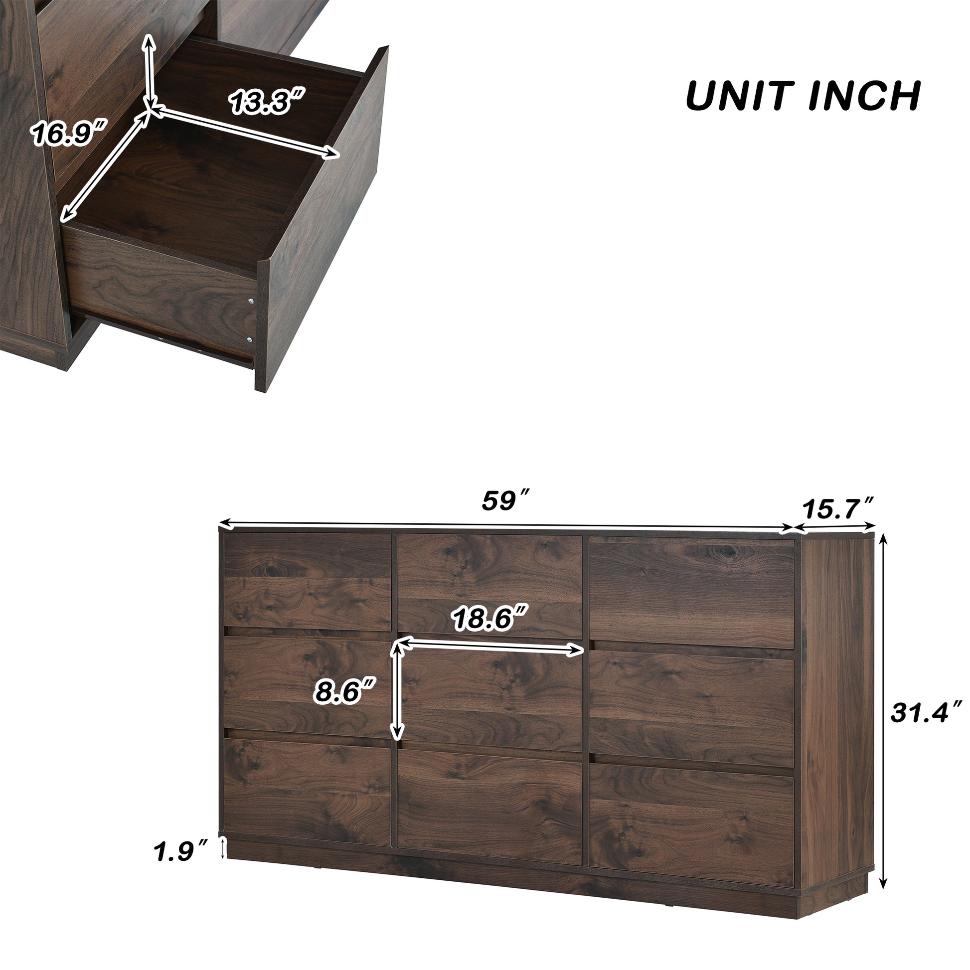 Mid Century Modern 9 Drawers Dresser,Dark Brown Dark Brown Mdf