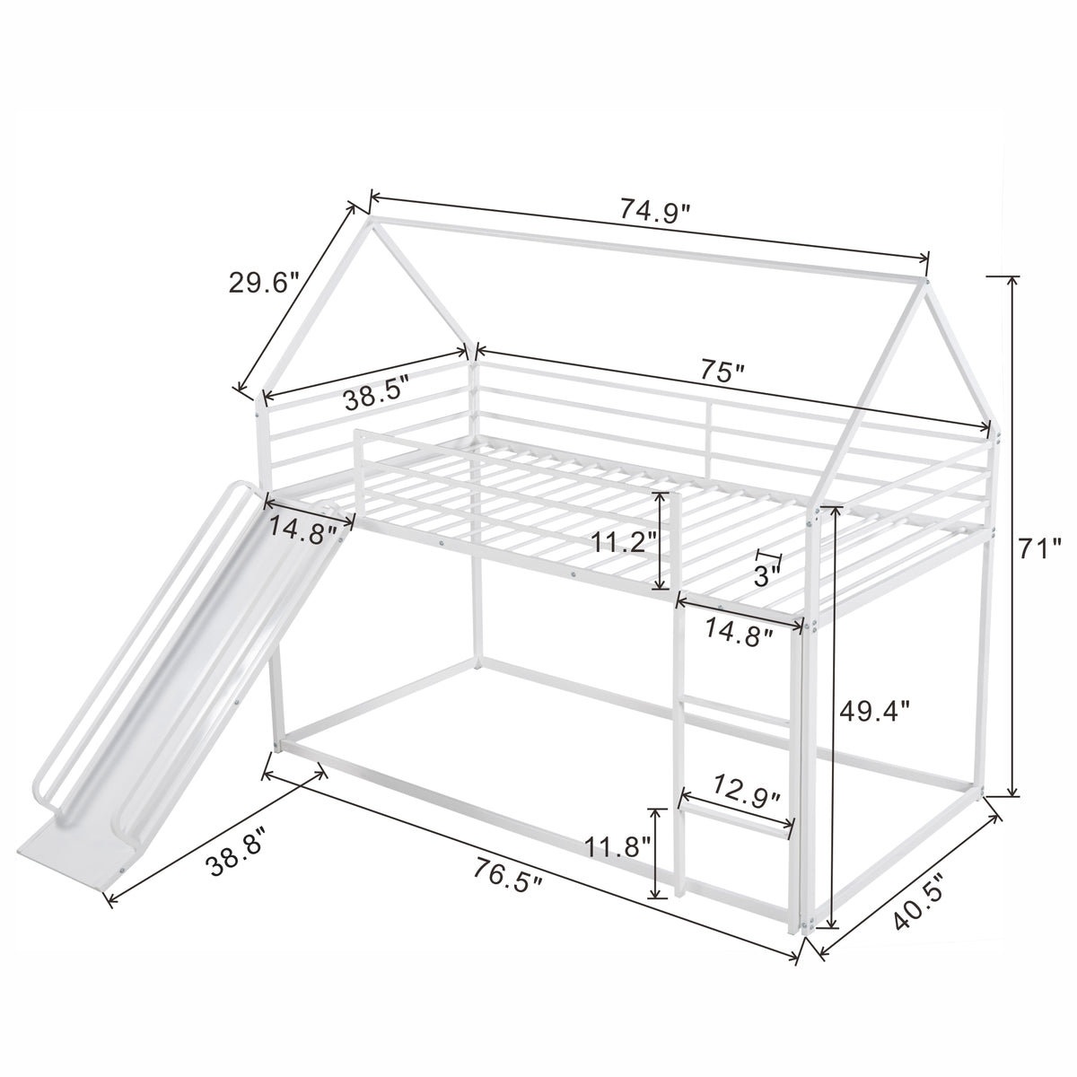 Twin Over Twin House Bunk Bed With Ladder And Slide,White White Metal
