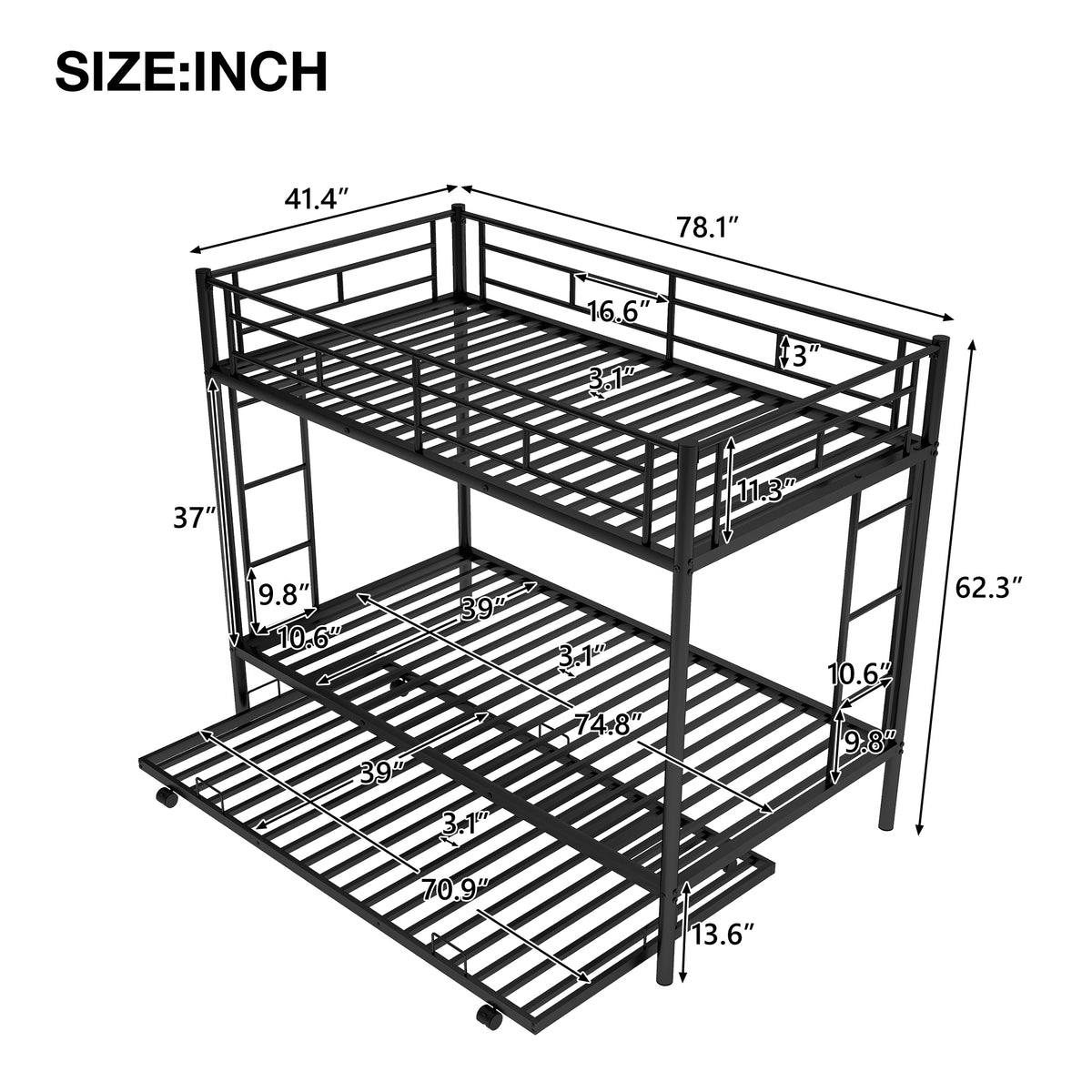 Twin Over Twin Bunk Bed With Trundle, Black Old Sku:Mf192387Aab Black Metal
