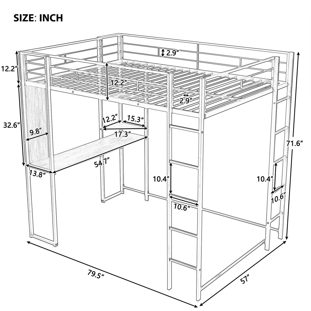 Full Size Metal Loft Bed With 2 Shelves And One Desk ,White Old Sku: Lp000191Aak White Metal