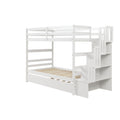 Twin Over Twin Bunk Beds With Twin Trundle And Stairway Storage Function In White Color White Pine
