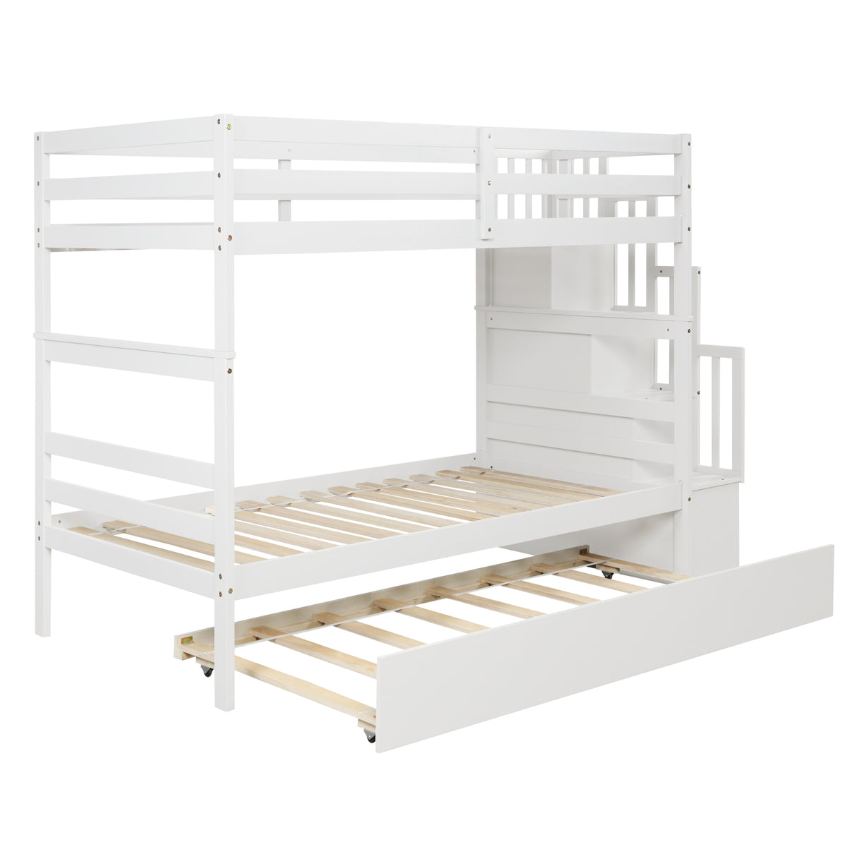 Twin Over Twin Bunk Beds With Twin Trundle And Stairway Storage Function In White Color White Pine