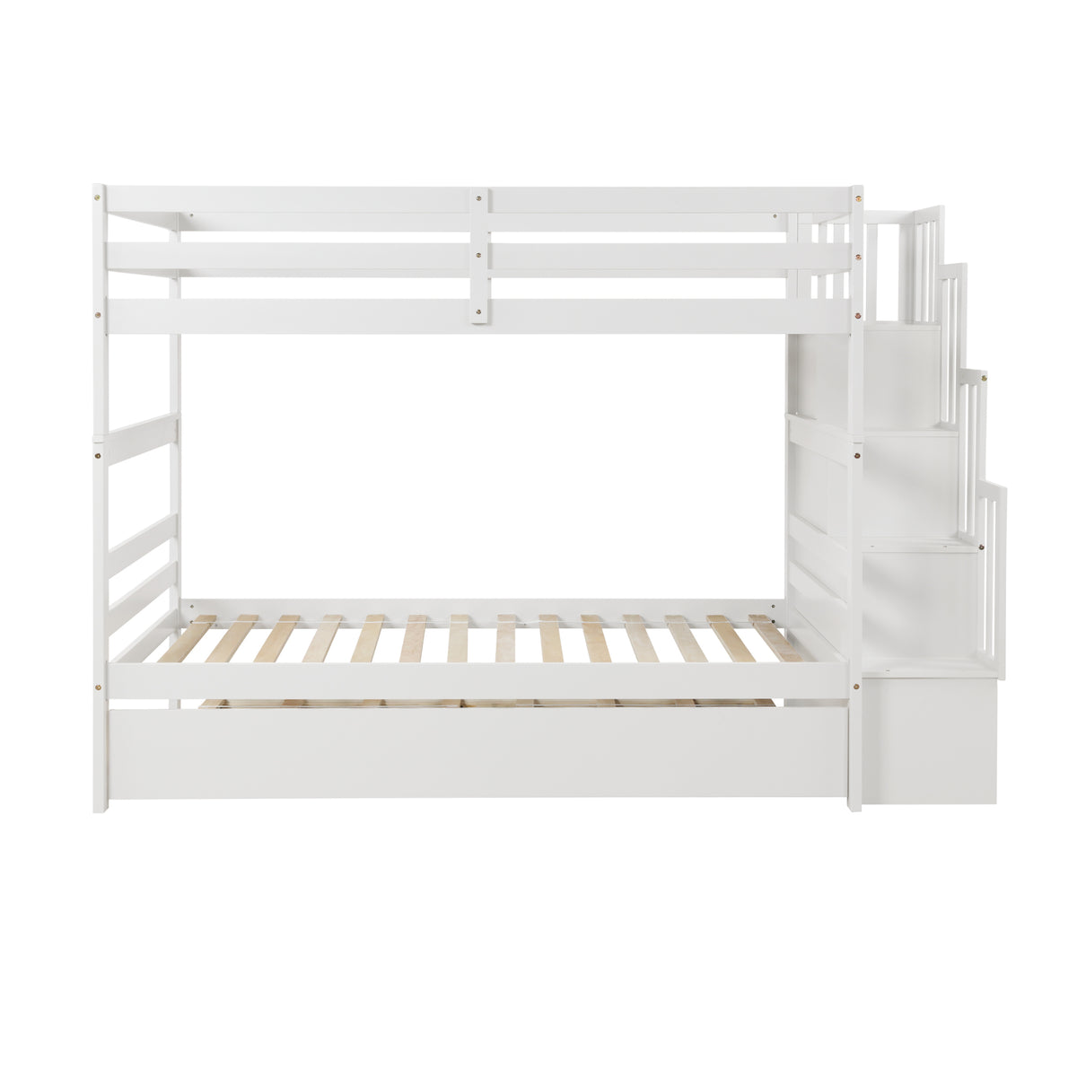 Twin Over Twin Bunk Beds With Twin Trundle And Stairway Storage Function In White Color White Pine