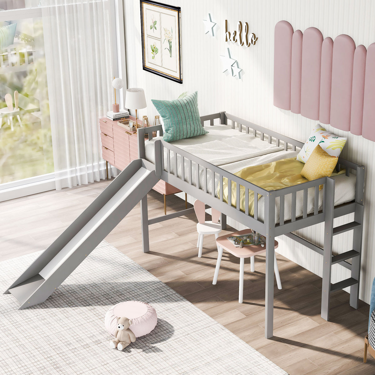 Twin Size Low Loft Bed With Ladder And Slide, Gray Old Sku:Wf196418Aae Gray Pine