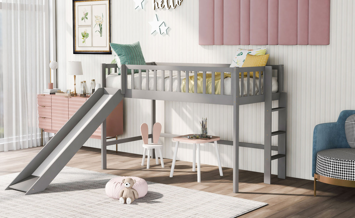 Twin Size Low Loft Bed With Ladder And Slide, Gray Old Sku:Wf196418Aae Gray Pine