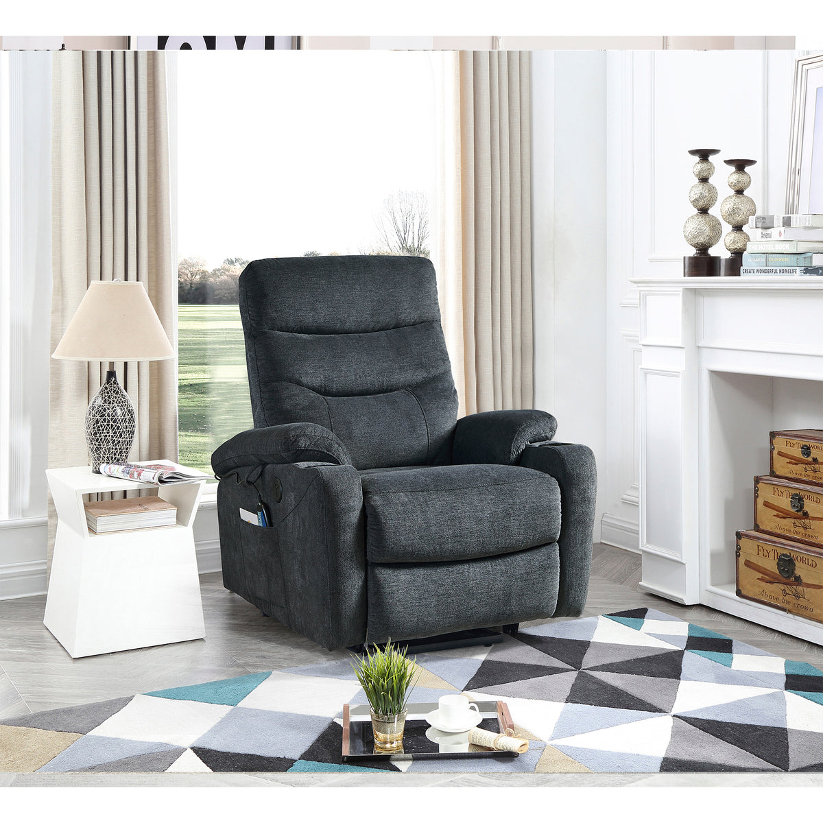 Liyasi Electric Power Lift Recliner Chair With Massage And Heat For Elderly, 3 Positions, 2 Side Pockets, Cup Holders, Usb Charge Ports, High End Quality Cloth Power Reclining Chair For Living Room. Dark Gray Foam Fabric