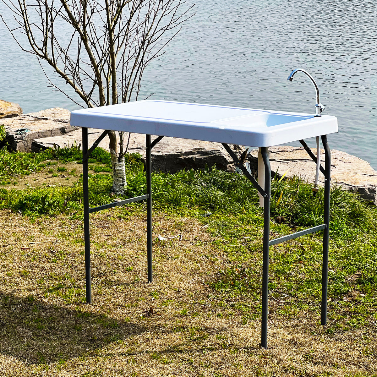 Outdoor Fish And Game Cutting Cleaning Table W Sink And Faucet Off White Hdpe