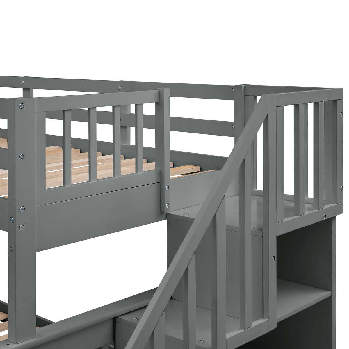 Stairway Twin Over Full Bunk Bed With Twin Size Trundle, Storage And Guard Rail For Bedroom, Dorm, For Adults, Gray Old Sku :Lt000119Aae Twin Gray Solid Wood