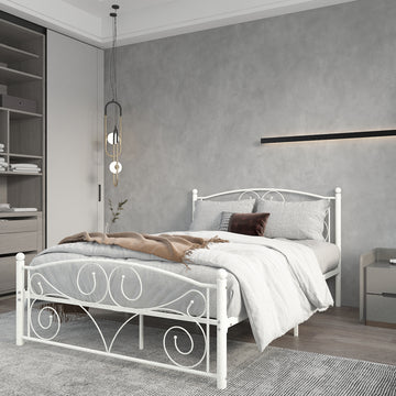 Full Size Unique Flower Sturdy System Metal Bed Frame With Headboard And Footboard White Metal