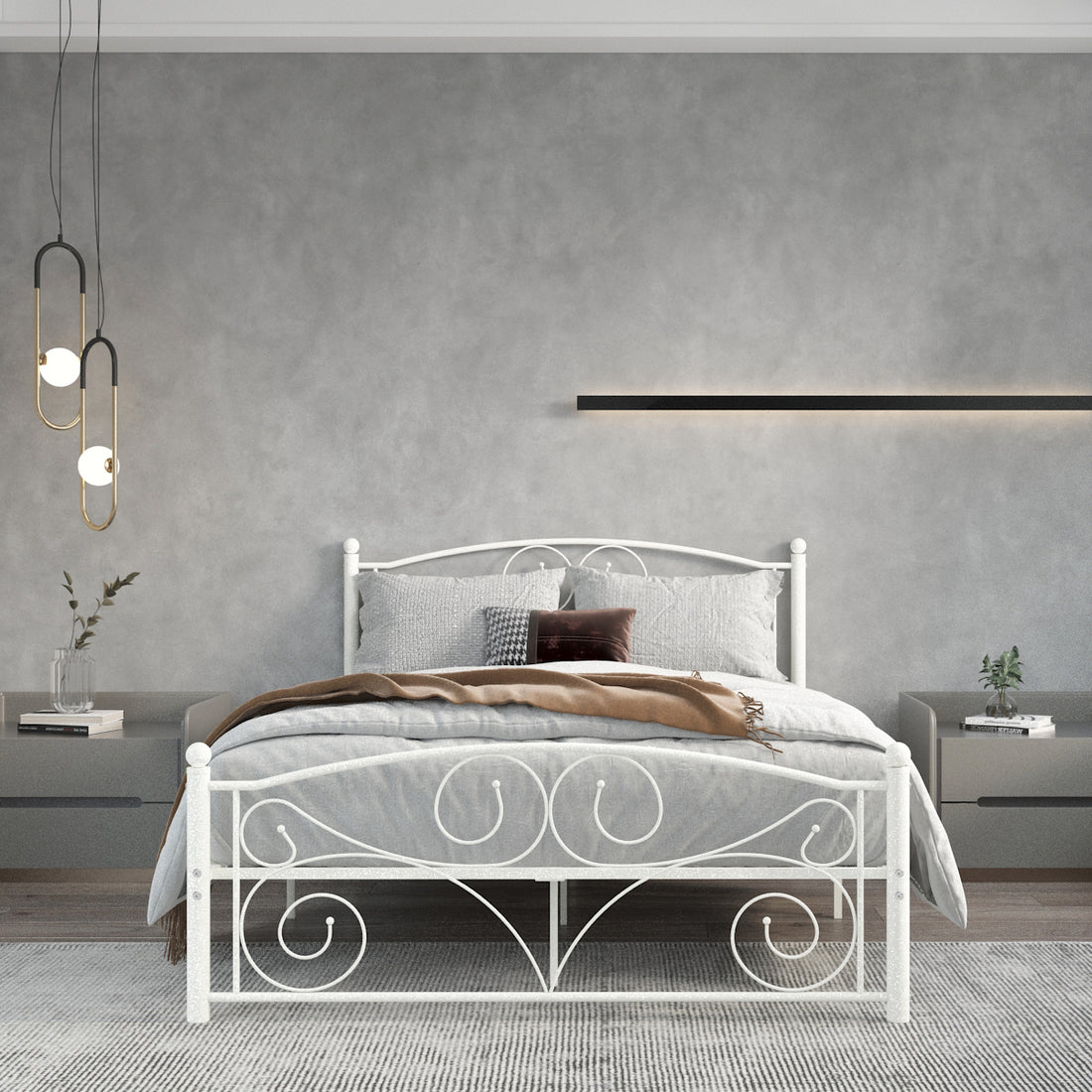 Queen Size Unique Flower Sturdy System Metal Bed Frame With Headboard And Footboard White Metal