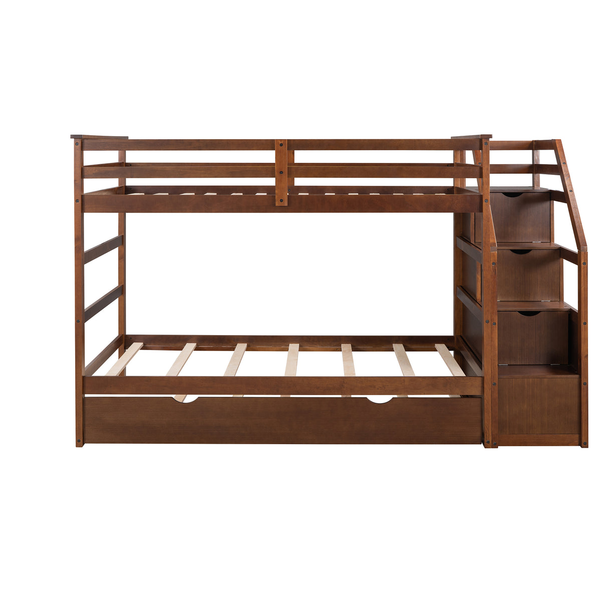 Twin Over Twin Bunk Bed With Twin Size Trundle And 3 Storage Stairs,Walnut Old Sku :Lp000064Aad Walnut Solid Wood