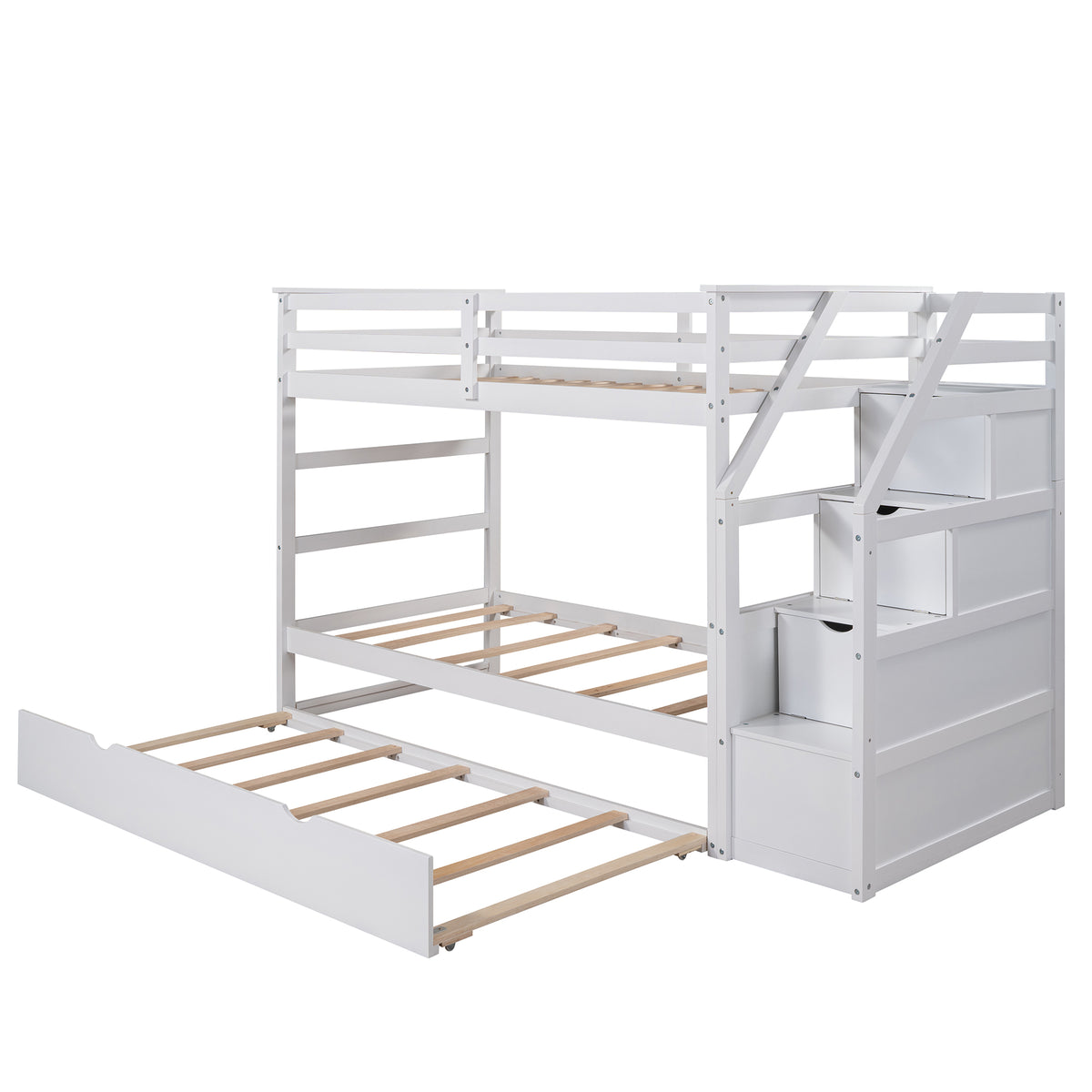 Twin Over Twin Bunk Bed With Twin Size Trundle And 3 Storage Stairs,White Old Sku :Lp000064Aak White Solid Wood