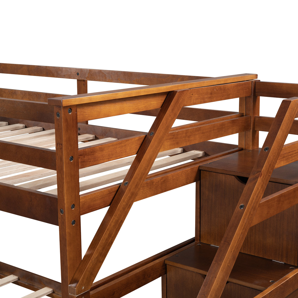 Twin Over Twin Bunk Bed With Twin Size Trundle And 3 Storage Stairs,Walnut Old Sku :Lp000064Aad Walnut Solid Wood