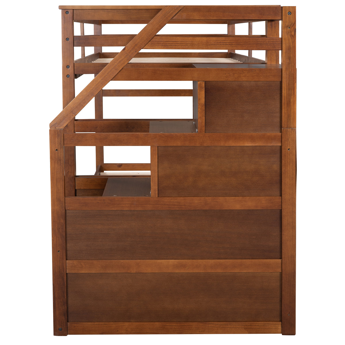Twin Over Twin Bunk Bed With Twin Size Trundle And 3 Storage Stairs,Walnut Old Sku :Lp000064Aad Walnut Solid Wood