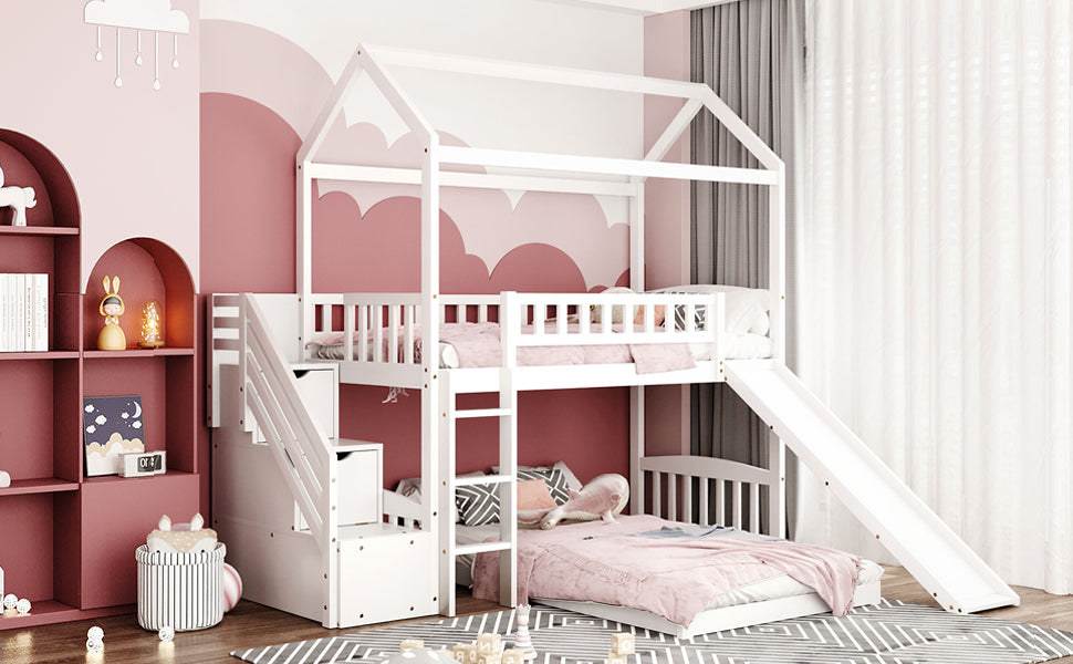Twin Over Twin Bunk Bed With Two Drawers And Slide, House Bed With Slide, White Old Sku :Lp000129Aak White Pine