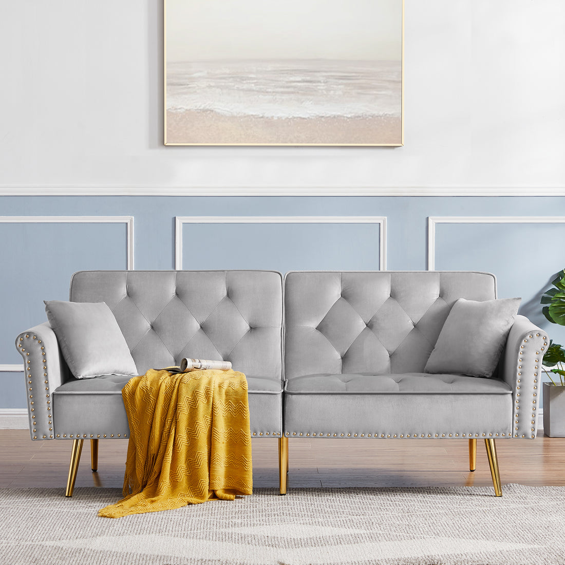 Grey Velvet Tufted Sofa Couch With 2 Pillows And Trim Light Grey Wood Foam Velvet 2 Seat