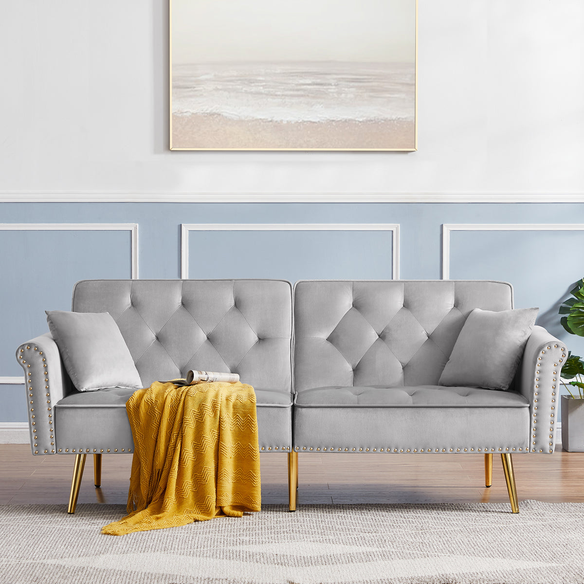 Grey Velvet Tufted Sofa Couch With 2 Pillows And Trim Light Grey Wood Foam Velvet 2 Seat