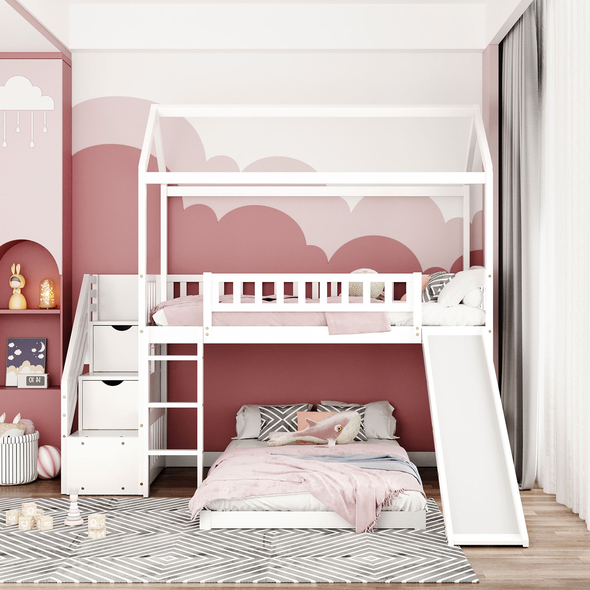 Twin Over Twin Bunk Bed With Two Drawers And Slide, House Bed With Slide, White Old Sku :Lp000129Aak White Pine
