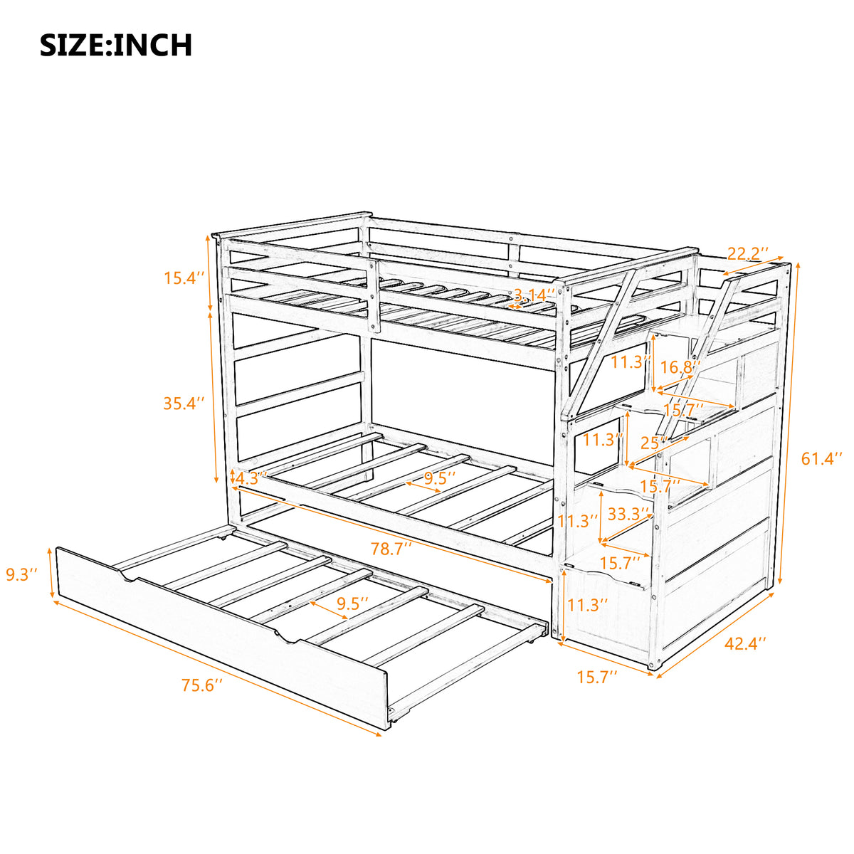 Twin Over Twin Bunk Bed With Twin Size Trundle And 3 Storage Stairs,Walnut Old Sku :Lp000064Aad Walnut Solid Wood